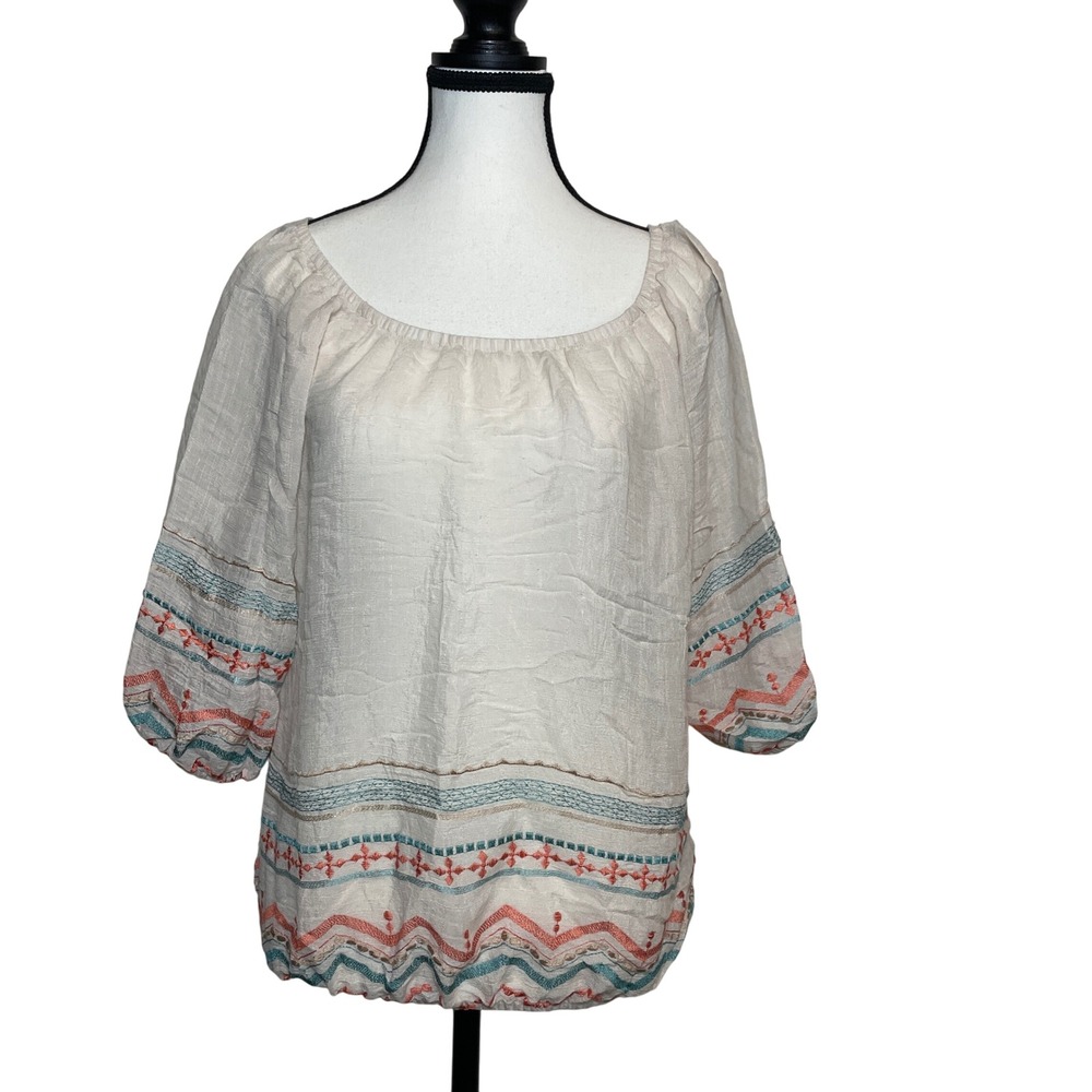 Bobeau Embroidered Peasant Top Bohemian Blouse‎ 3/4 Sleeve Medium Relaxed Flowy